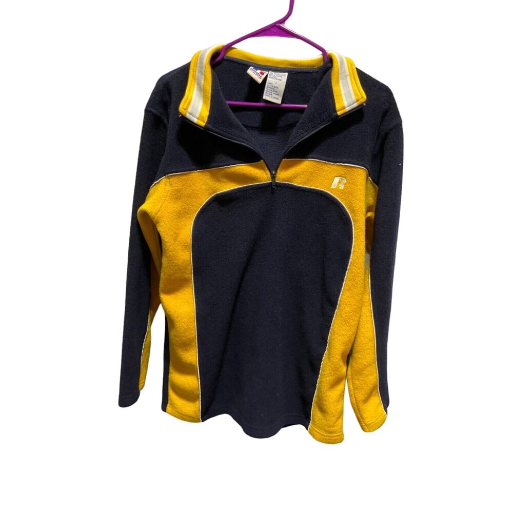 Russell Athletic 1/4 Zip Pullover Large Blue Yellow Heavyweight Polyester‎